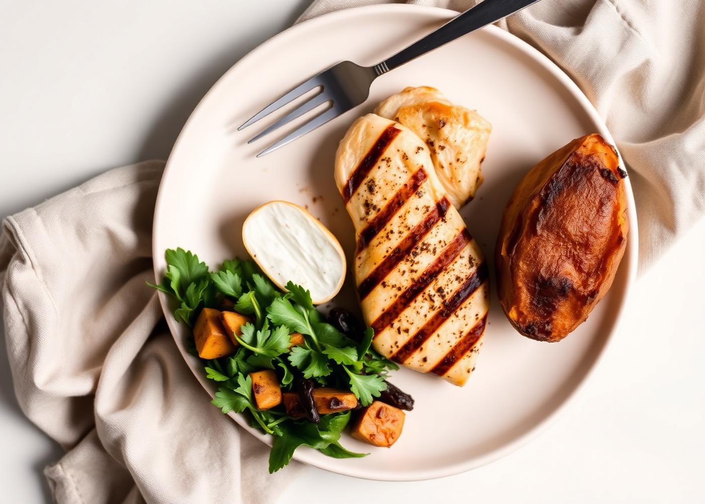 A balanced plate — half vegetables, a palm of lean protein, a cupped hand of carbs, a thumb of healthy fat