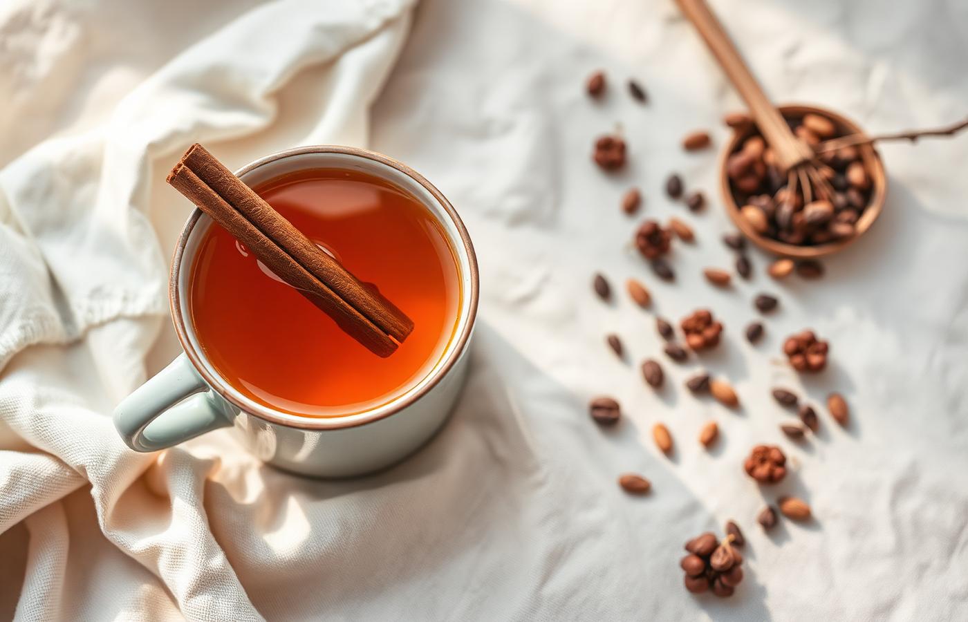 A warm ceramic mug of amber herbal tea with a cinnamon stick, cacao nibs on the side